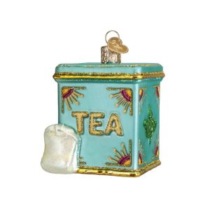 image shows Old World Christmas Ornament | Tea Tin against a blank, white background
