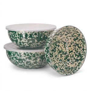  image shows Crow Canyon 3-Piece Multi-Purpose Bowl Set with Lids | Green and Cream against a blank, white background