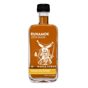 image shows Runamok Banana Rum Infused Maple Syrup against a blank, white background