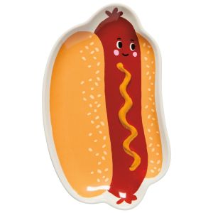 image shows Danica Jubilee Hot Dog Shaped Dish | Funny Food against a blank, white background
