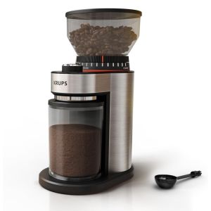 KRUPS Flat Burr Electric Coffee Grinder | Stainless Steel Against a Plain White Background