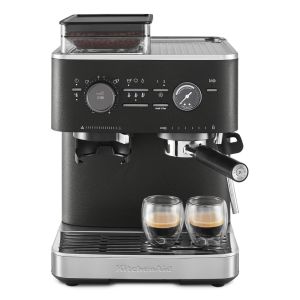 image shows KitchenAid Semi-Automatic Espresso Machine with Burr Grinder | Cast Iron Black against a blank, white background