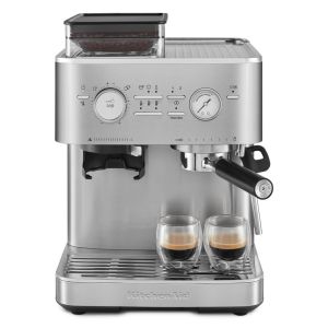 image shows KitchenAid Semi-Automatic Espresso Machine with Burr Grinder | Brushed Stainless Steel against a blank, white background  