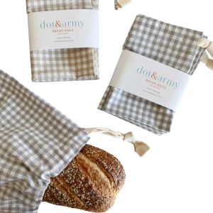image shows Dot & Army 2-Piece Check Linen Bread Bags  against a blank, white background