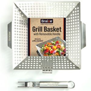  image shows Braize Heavy Duty Grill Basket with Removable Handle against a blank, white background
