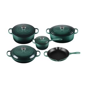 image shows Le Creuset 9 Piece Signature Set, Artichaut (5.5 qt, Sig. RDO, 6.75 qt. Sig. ODO, 3.5 q against a blank, white background