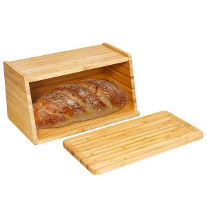 image shows Totally Bamboo Crumb Catcher Bread Box with Removable Cutting Board Door against a blank, white background