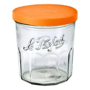 image shows Le Parfait 324ml French Jam Pot Faceted Drinking Glass with Orange Cover  against a blank, white background