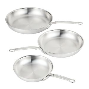  image shows Hestan ProBond® Luxe Stainless Steel 3-Piece Skillet Set against a blank, white background