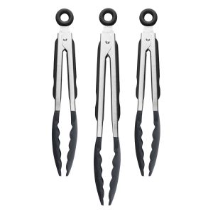 image shows Tovolo 3-Piece Elements Tongs With Silicone Grip | Black against a blank, white background