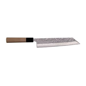  image shows Kikuichi 67-Layer Mirror Damascus Tsuchime 9.5" Gyuto Knife against a blank, white background