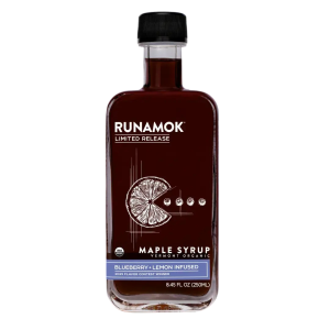  image shows Runamok Blueberry and Lemon Infused Maple Syrup against a blank, white background