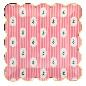 image shows My Mind's Eye 8-Piece 9" Striped Floral Plates | Pink against a blank, white background