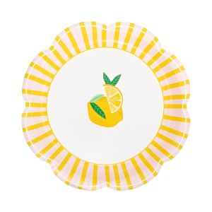 image shows My Mind's Eye 8-Piece 9" Scallops Paper Plates | Yellow & Pink Striped against a blank, white background