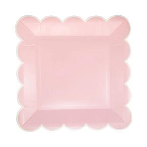 image shows My Mind's Eye 8-Piece 9" Scalloped Square Paper Plates | Pink against a blank, white background