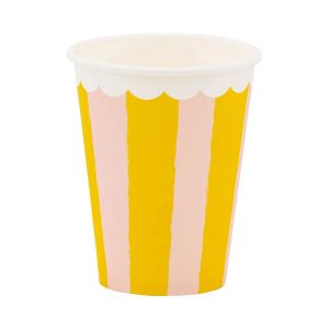 image shows My Mind's Eye 8-Piece Striped Party Cups | Yellow & Pink against a blank, white background