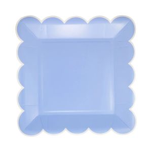 image shows My Mind's Eye 8-Piece 9" Scalloped Square Paper Plates | Blue against a blank, white background
