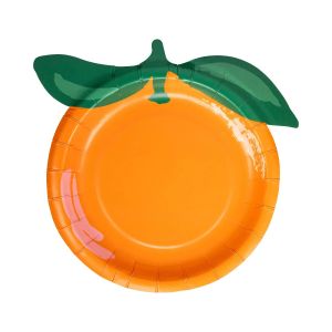 image shows My Mind's Eye 8-Piece Orange Shaped Paper Plates  against a blank, white background