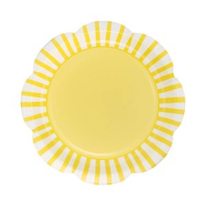 image shows My Mind's Eye 8-Piece 9" Scallops Paper Plates | Yellow against a blank, white background