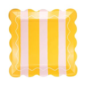 image shows My Mind's Eye 8-Piece 10" Scalloped Square Paper Plates | Yellow & Pink Striped against a blank, white background