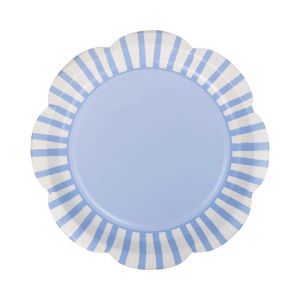 image shows My Mind's Eye 8-Piece 9" Scallops Paper Plates | Blue Striped  against a blank, white background