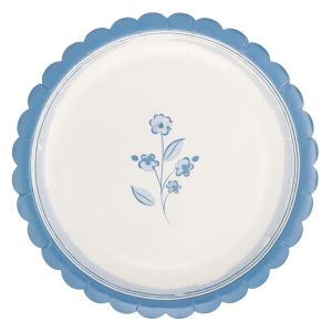 image shows My Mind's Eye 8" Round Paper Plates | Blue Flower  against a blank, white background