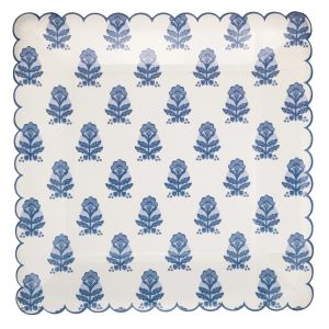  image shows My Mind's Eye 10" Square Paper Plates | Blue Flower Block Print against a blank, white background