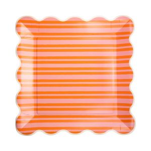 image shows My Mind's Eye 8-Piece 10" Paper Plates | Orange & Pink Striped  against a blank, white background