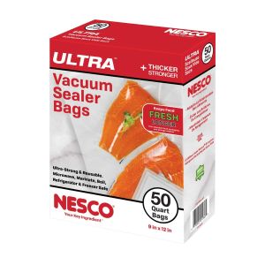 image shows NESCO 50 Quart Sized Heavy Duty Vacuum Sealer Bags | 9" x 12"  against a blank, white background