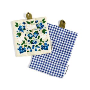 blueberry patterned potholder & blue gingham pot holder on white background