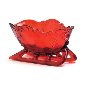 image shows Mosser Glass Holiday Collection Sleigh Figurine | Red against a blank, white background