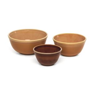 image shows Mosser Glass 3-Piece Mixing Bowl Set (20oz, 40oz, 60oz) | Caramel  against a blank, white background