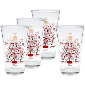 image shows Fiesta® 16oz Cooler Glasses (Set of 4) | Holly Berry Christmas Tree against a blank, white background