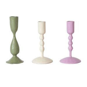 image shows Hazel Mazel Enameled Tapered Candle Stick Holders (Set of 3) | Sage, Ivory & Lilac against a blank, white background