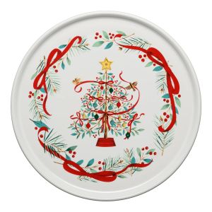 Fiesta 12" Round Baking & Serving Platter Holly Berry Christmas Tree against a white background