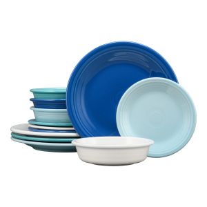 image shows Fiesta® 12-Piece Classic Rim Dinnerware Set (Service of 4) | Coastal Blues against a blank, white background