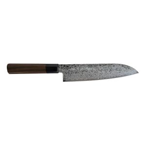 image shows Kikuichi Nickel Warikomi Damascus 7" Santoku Knife against a blank, white background