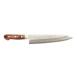 image shows Kikuichi Warikomi Damascus Tsuchime 8" Gyuto Knife against a blank, white background