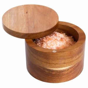 image shows Totally Bamboo Rock & Branch Acacia Salt Cellar with Swivel Lid against a blank, white background
