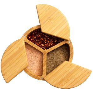 image shows Totally Bamboo Trio Salt Cellar Storage Box with Swivel Lids against a blank, white background
