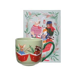 Danica Jubilee Woodland Carolers Mug and Dishtowel Set Against a Plain White Background