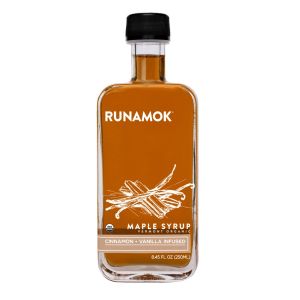 image shows Runamok Cinnamon and Vanilla Infused Maple Syrup against a blank, white background
