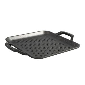 image shows Lodge Cast Iron 11" Chef Style Square Grill Topper  against a blank, white background