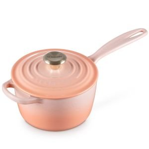 Le Creuset 1.75 Qt. Signature Enameled Cast Iron Saucepan with Gold-Colored Stainless Steel Knob - Peche