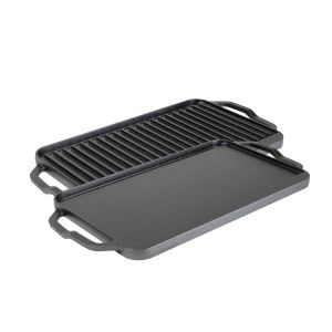 image shows Lodge Cast Iron 19.5" x 10" Chef Style Rectangular Reversible Grill/Griddle against a blank, white background
