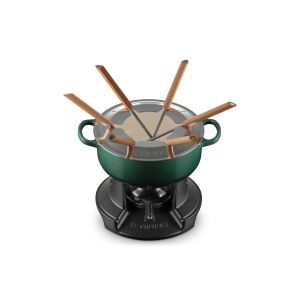Le Creusets Alpine Collection Fondue Set in Artichaut with six wood handled fondue forks featured against a solid white background