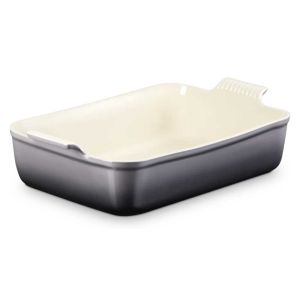  image shows Le Creuset Heritage 6.75 Qt. Stoneware Deep Rectangular Lasagna Dish | Oyster against a blank, white background
