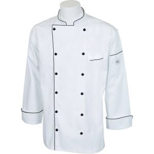 Mercer Renaissance Cutlery: Small Men's Chef Jacket/Chef Coat (White w/ Black Piping) w/ Traditional Neck for Food Industry Professionals (Commis, Sous Chef, or Chef de Cuisine): M62090WBS