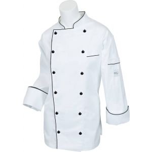 Mercer Renaissance Cutlery: XS Women's Chef Coat/Chef Jacket (White w/ Black Piping) w/ Traditional Neck for Food Industry Professionals (Commis, Sous Chef, or Chef de Cuisine) -- M62095WBXS