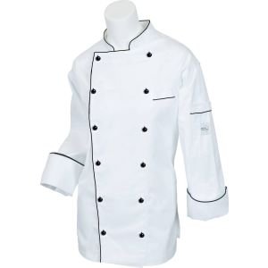 Mercer Renaissance Cutlery: Women's Chef Coat/Chef Jacket (White w/ Black Piping) w/ Traditional Neck for Food Industry Professionals (Commis, Sous Chef, or Chef de Cuisine) -- M62095WB